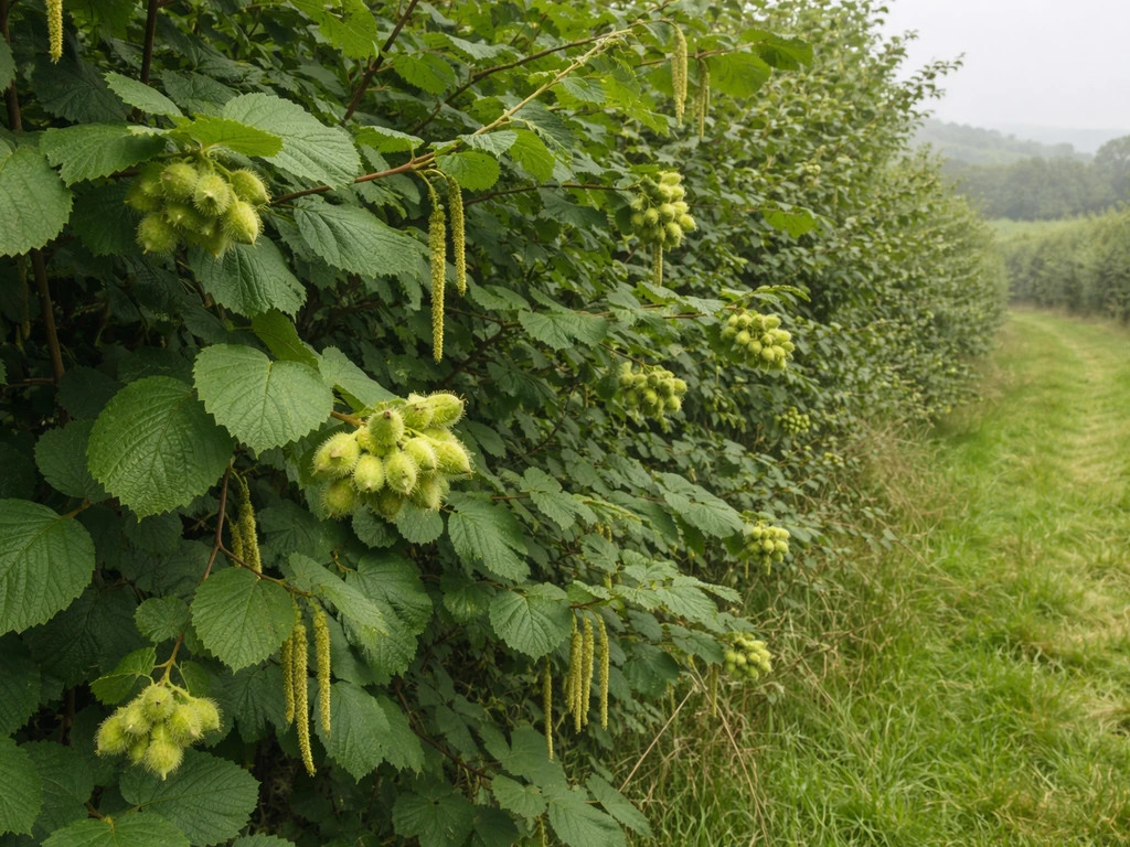 Wide view of an Irish hazel hedgerow with small hazelnuts on branches.
