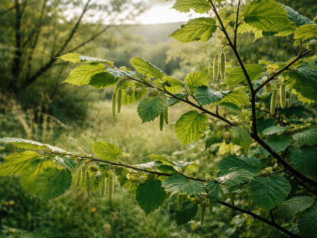 Close-up of a native hazel shrub with green leaves and catkins in an Irish woodland landscape.