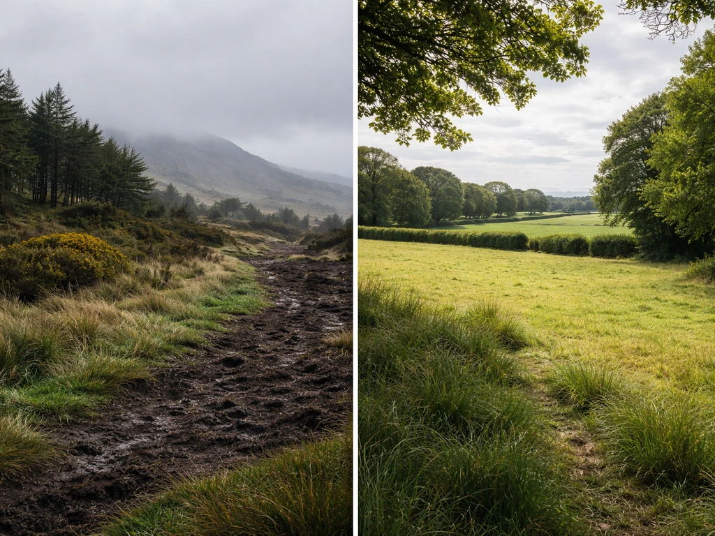 Split Irish landscape showing a windy, wet west woodland edge and a sheltered, sunnier east field.