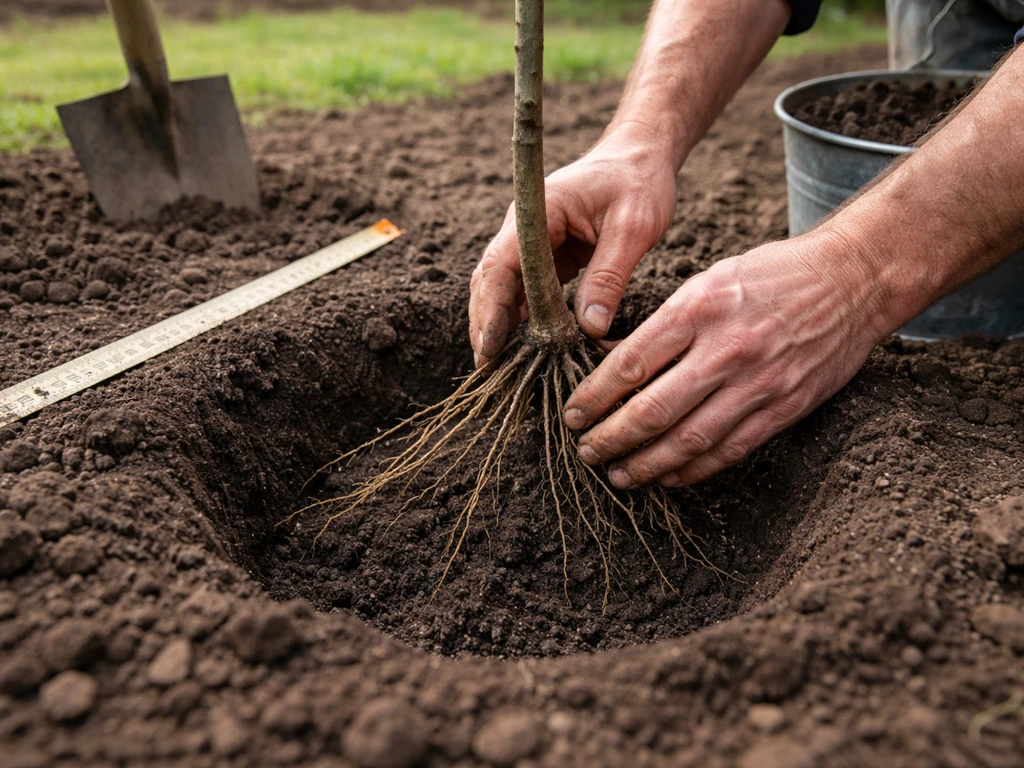Gardener planting a bare-root nut tree in a prepared hole with soil and spacing area markers nearby