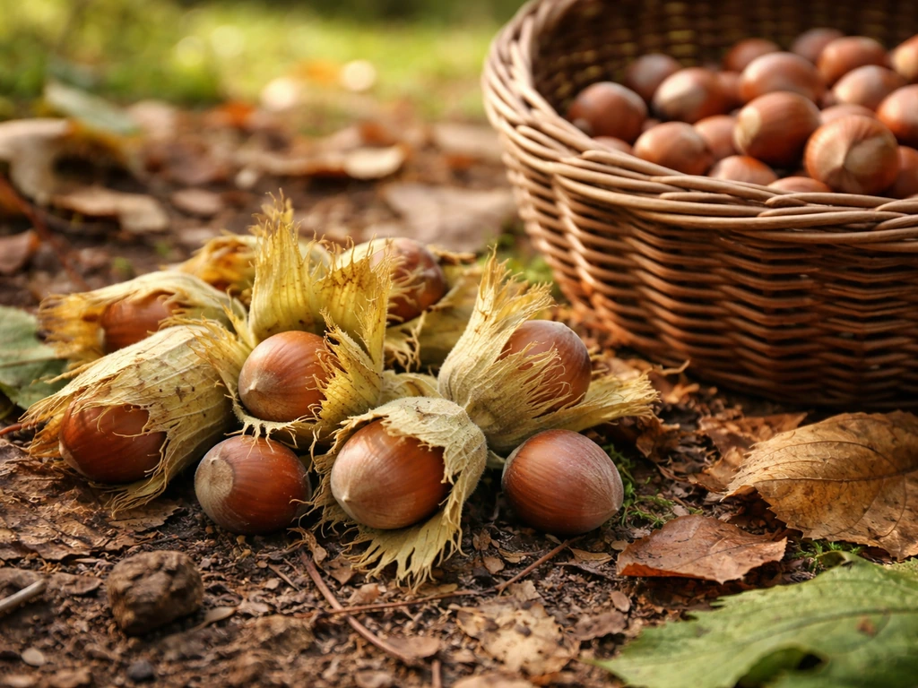 Close-up of yellowing hazelnuts in loosened husks, gathered in a basket on the ground