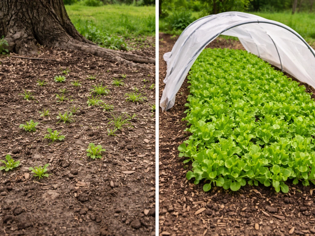 Two small lettuce beds: patchy seedlings near a black walnut root zone and a fuller stand farther away.