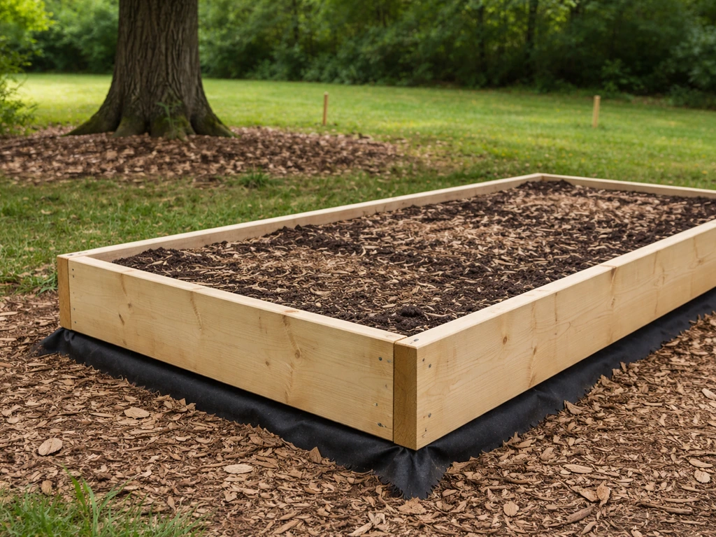 Raised garden bed showing a barrier layer at the base near a black walnut area, with clear spacing
