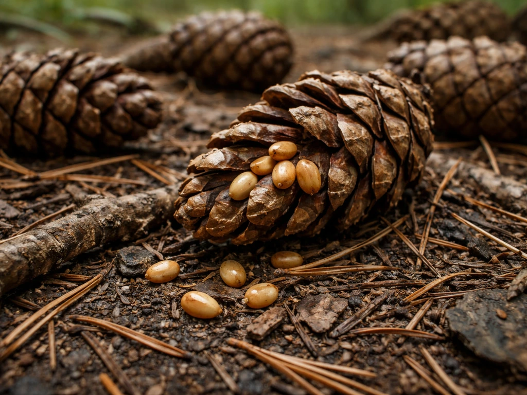 Close-up of open pine cones on a forest floor with pine nuts and seeds beside natural pine needles.