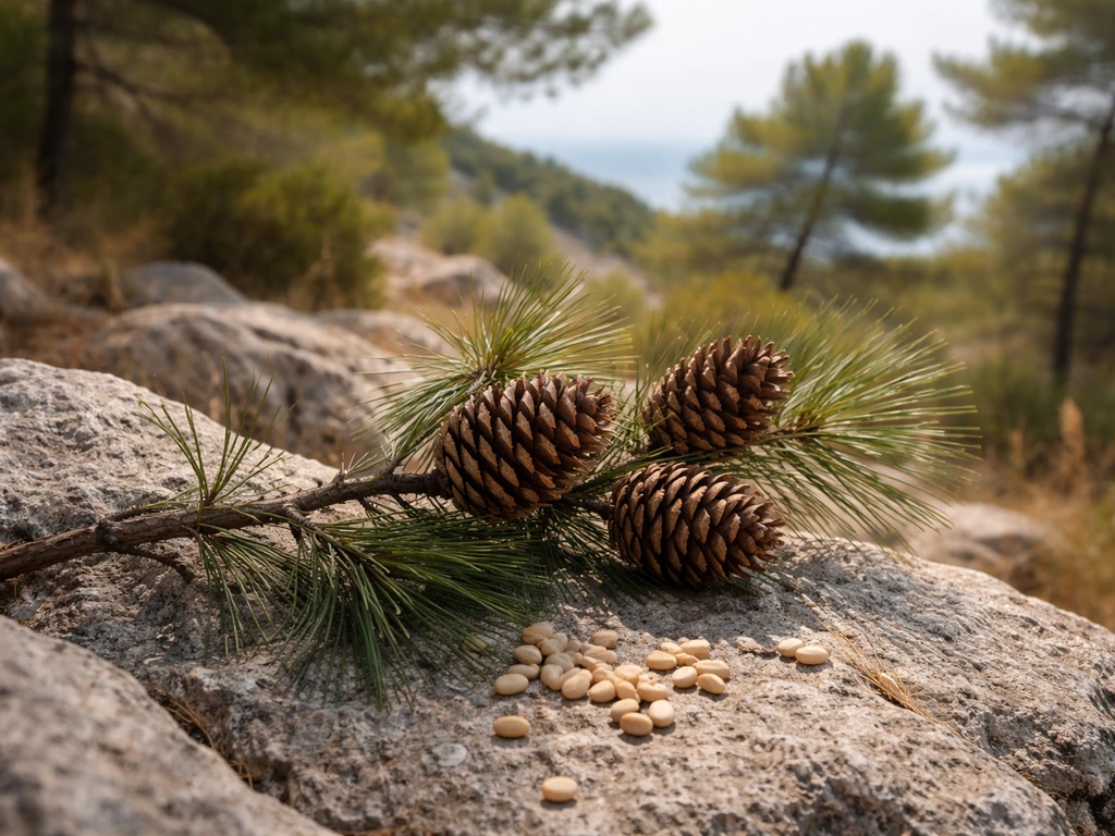 Pine tree branch with pine nuts on rocky Mediterranean landscape, suggesting wild natural growing regions.