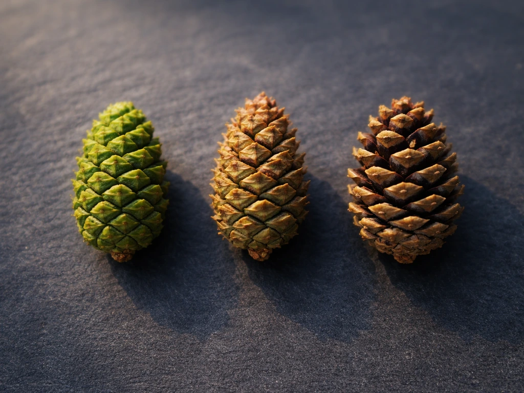 Three pine cones staged from immature green to mature brown with seeds starting to emerge.
