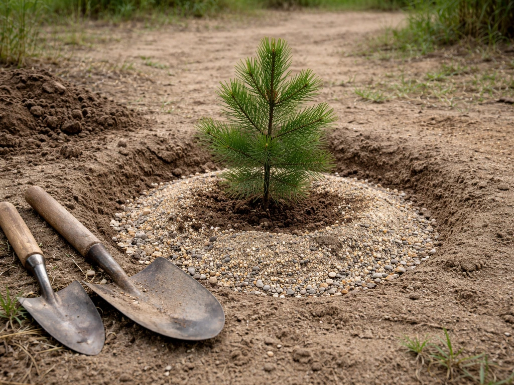Young pine nut sapling planted in a well-draining gravel-and-sand prepared hole in sandy soil.