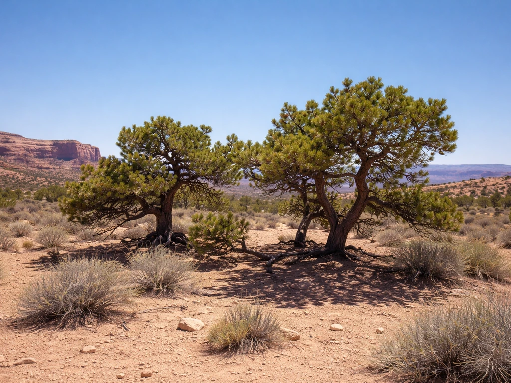 Small pinyon-type pine trees in a bright Southwestern desert with red rocks and clear sky.