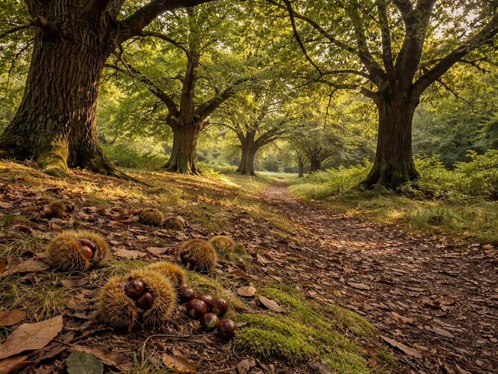 Mature sweet chestnut trees in a UK woodland with fallen burrs and chestnuts on the forest floor.
