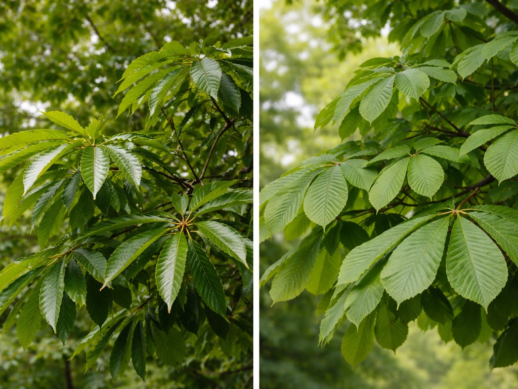 Side-by-side close-ups of European sweet chestnut and horse chestnut leaves for species comparison.