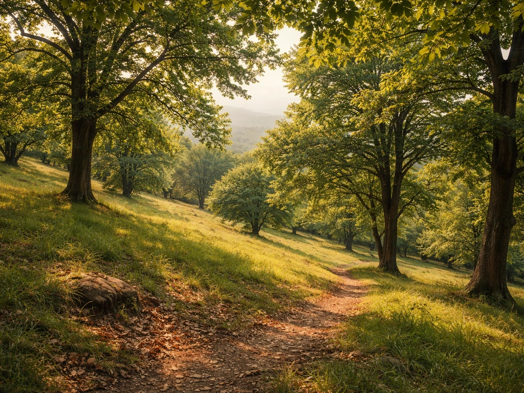 Warm-temperate hillside woodland with sweet chestnut trees under long summer light