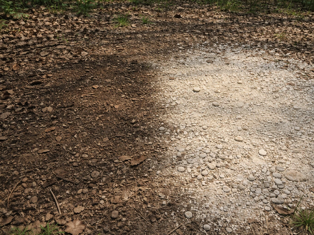 Side-by-side comparison of dark woodland soil and pale chalky limestone soil in a clearing.