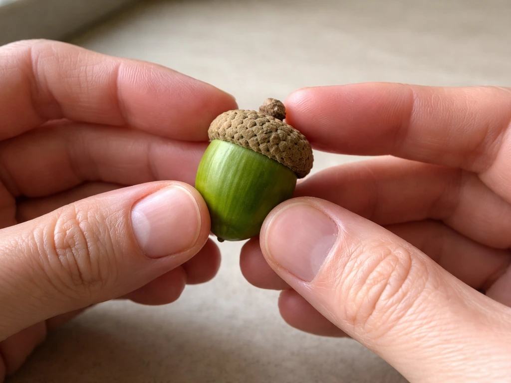 Close-up of hands holding a green acorn and examining its shell for viability
