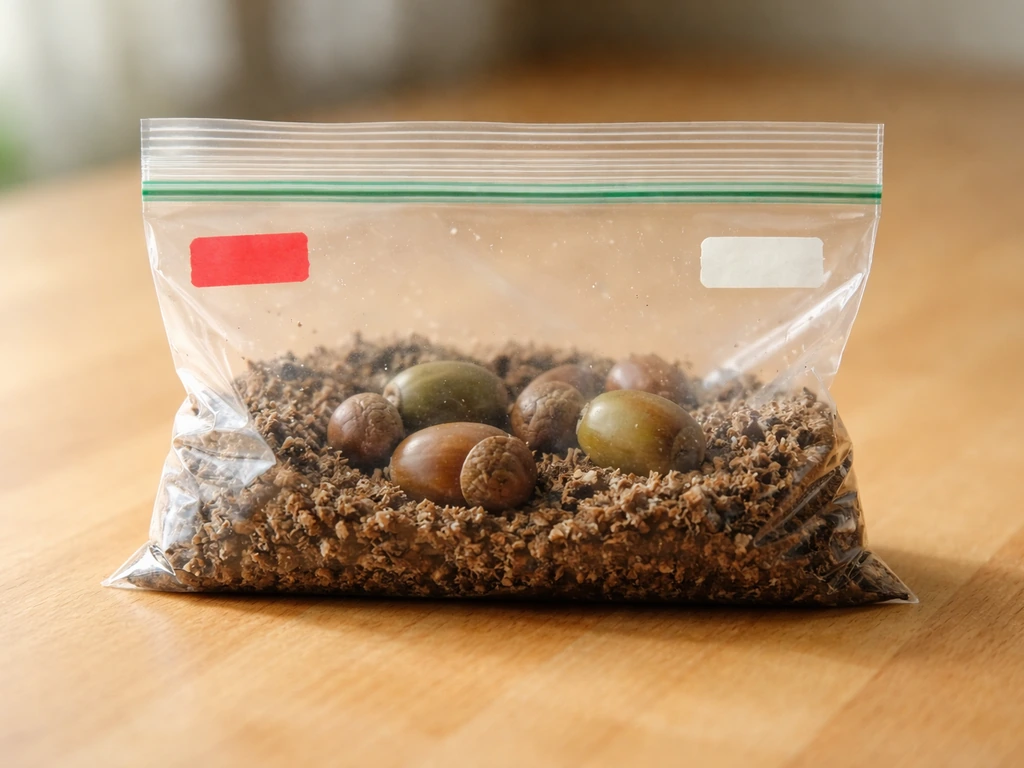 Viable acorns in a zip-top bag with lightly moistened peat/vermiculite for cold stratification