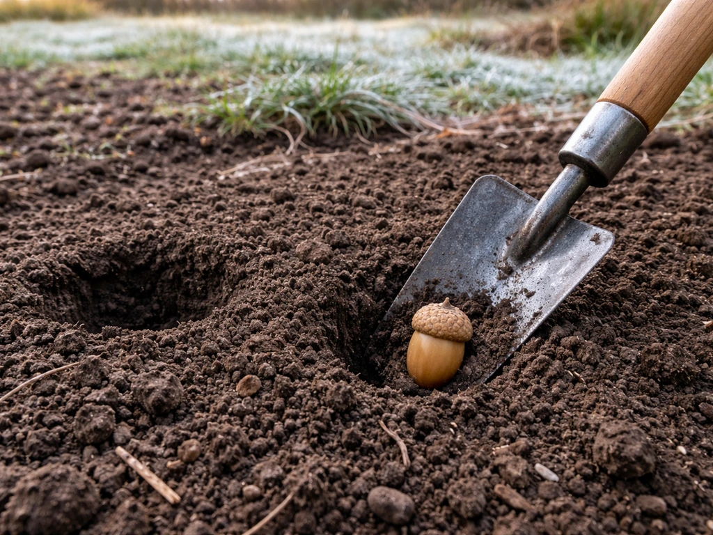 An acorn being placed into shallow soil in a garden bed, with cool frosty ground nearby for early-spring timing.
