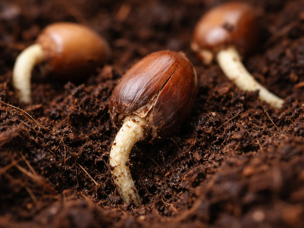 Macro view of germinating acorns in moist medium with thick cream radicles emerging.