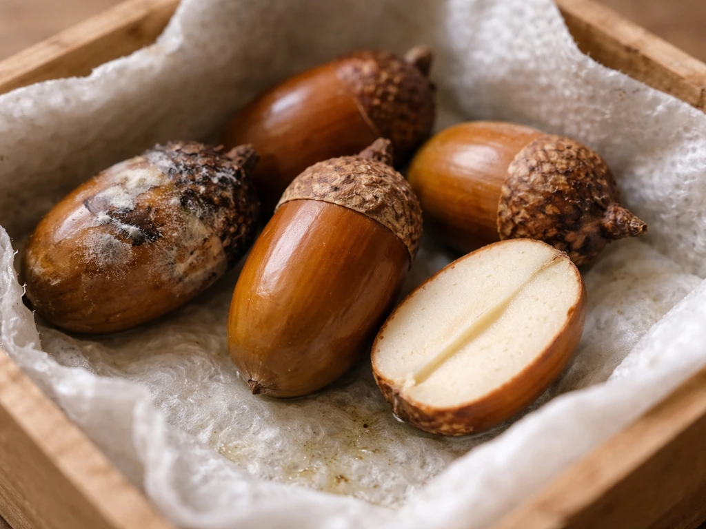 Close-up of acorns in a damp crate showing one moldy acorn, one clean acorn, and one cut to reveal the interior