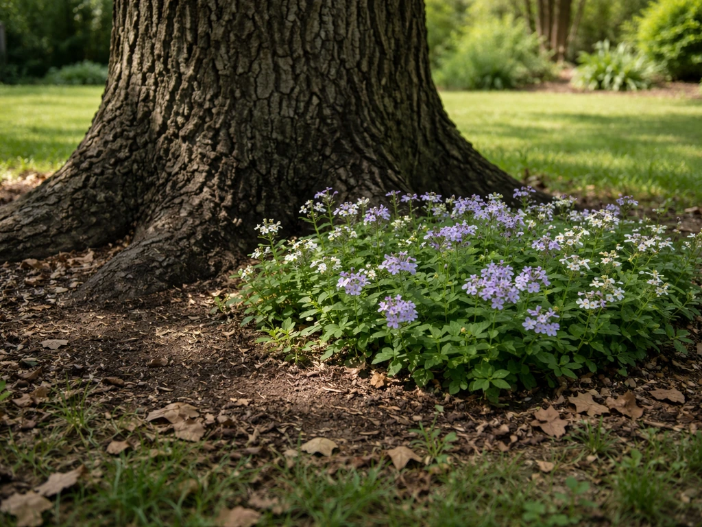 Black walnut tree trunk with a small patch of blooming flowers thriving in shade beneath it