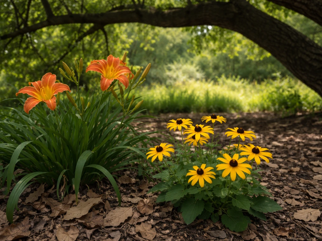 Daylily and black-eyed Susan blooming under a walnut tree in shaded ground cover.