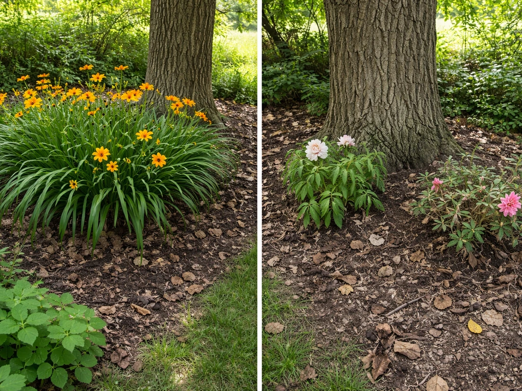 Tolerant flowers thriving near a walnut trunk while a sensitive plant nearby wilts in dry shade.