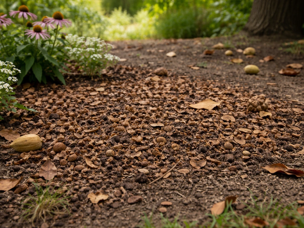 Fresh walnut mulch and hulls spread over soil beside small flower bed under a walnut tree.