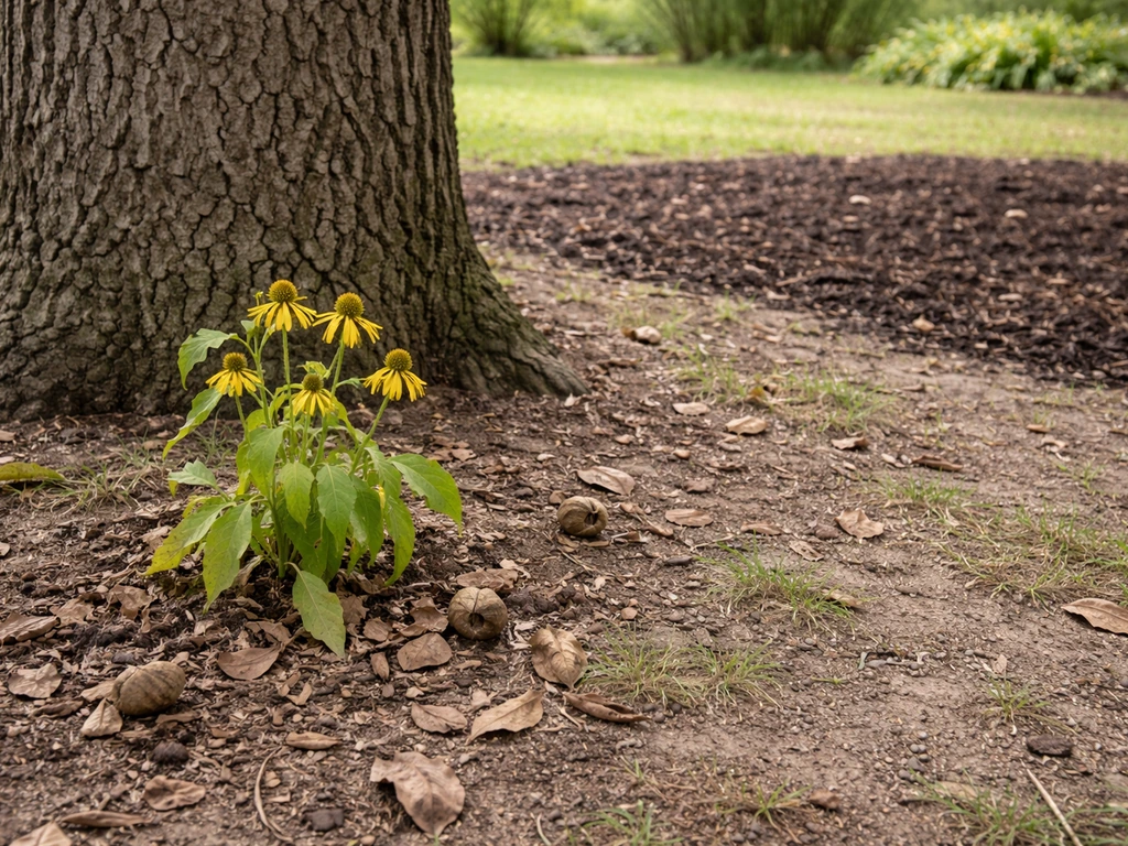 Struggling flower plant beside a walnut trunk with fallen walnut leaves and a wider dripline-style planting zone.