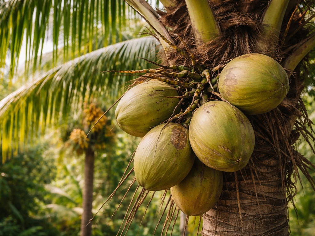 Close-up of a coconut palm with coconuts on the tree and a few other palm fruit shapes visible.