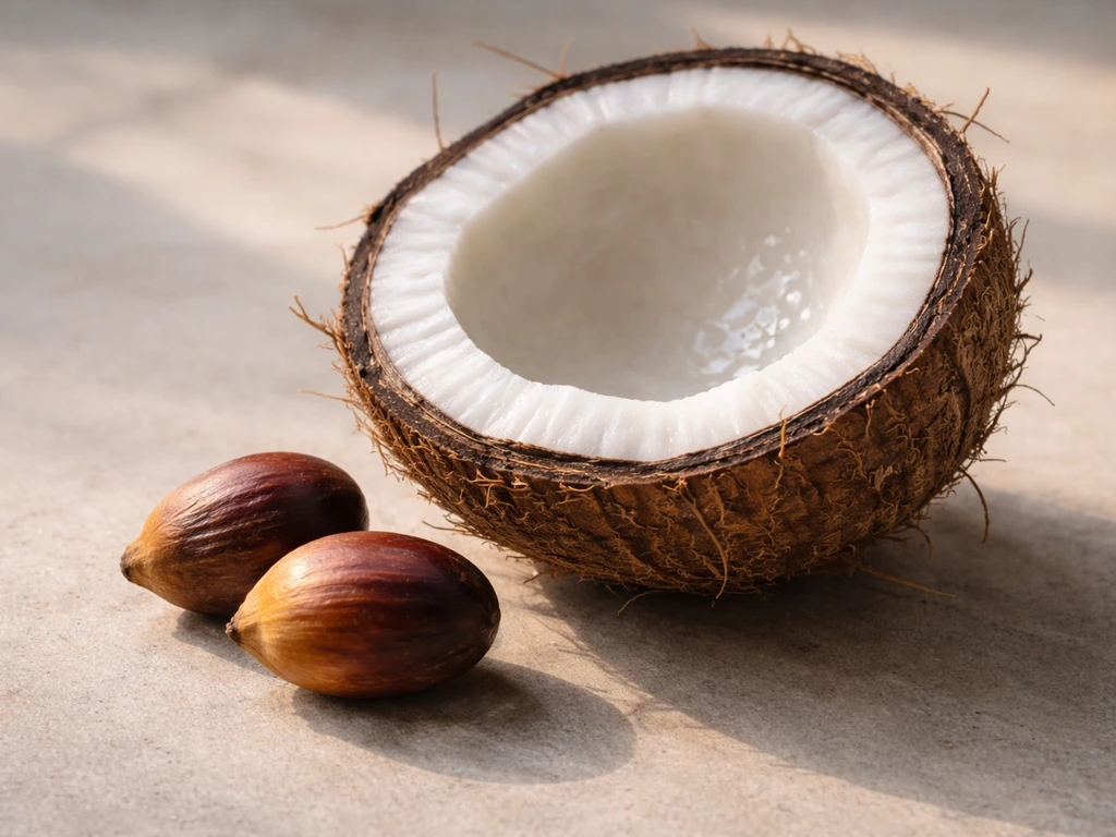 Split-open coconut with white kernel beside a couple of palm oil kernels on a simple neutral background