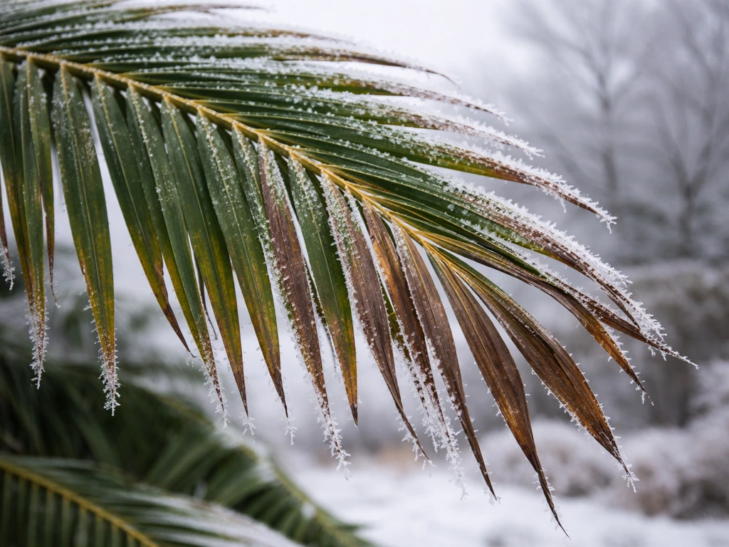 Frost-covered coconut palm frond with some browning from a recent cold event