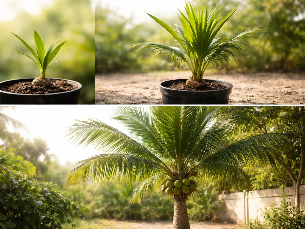 A simple time-sequence of coconut and date palm seedlings growing toward fruiting palms in bright natural light.