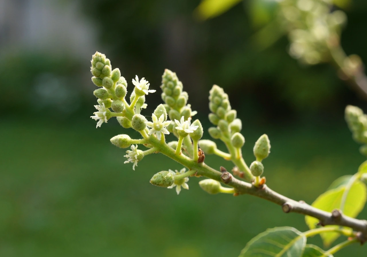 Macro close-up of pecan tree flowers with small early nutlets forming after pollination.