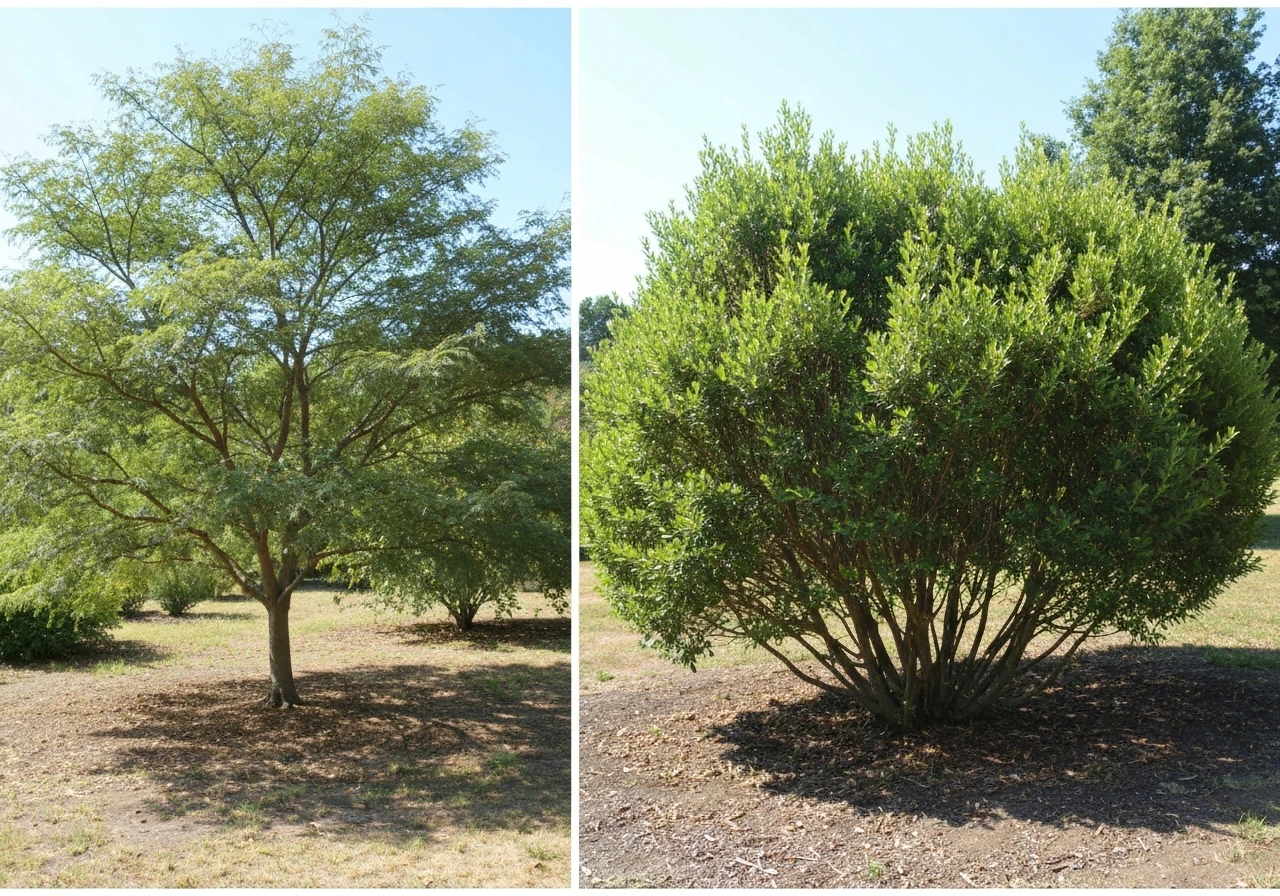 Side-by-side nut plants: one tall tree canopy and one dense shrubbier growth form in a yard