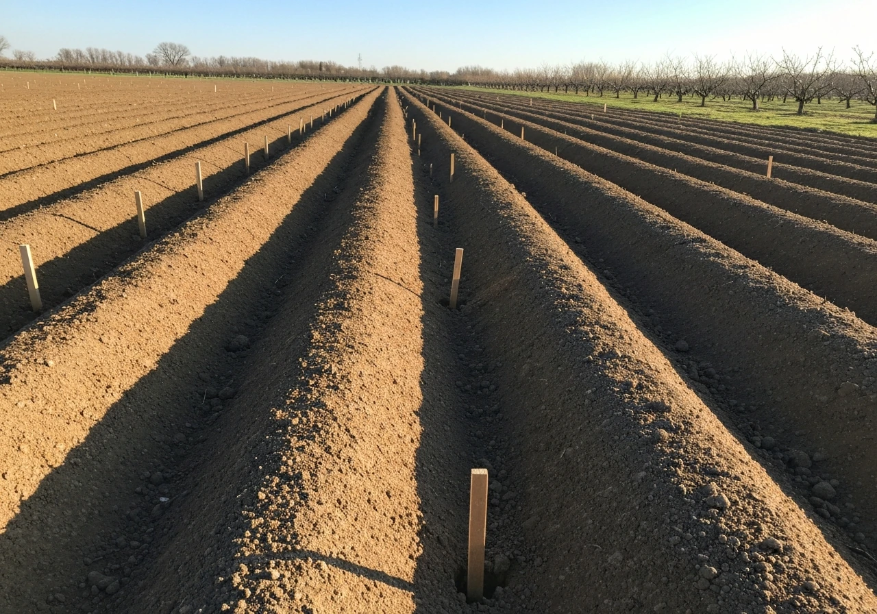 Sunlit mounded, tilled soil with evenly spaced garden stakes marking a prepared planting area.