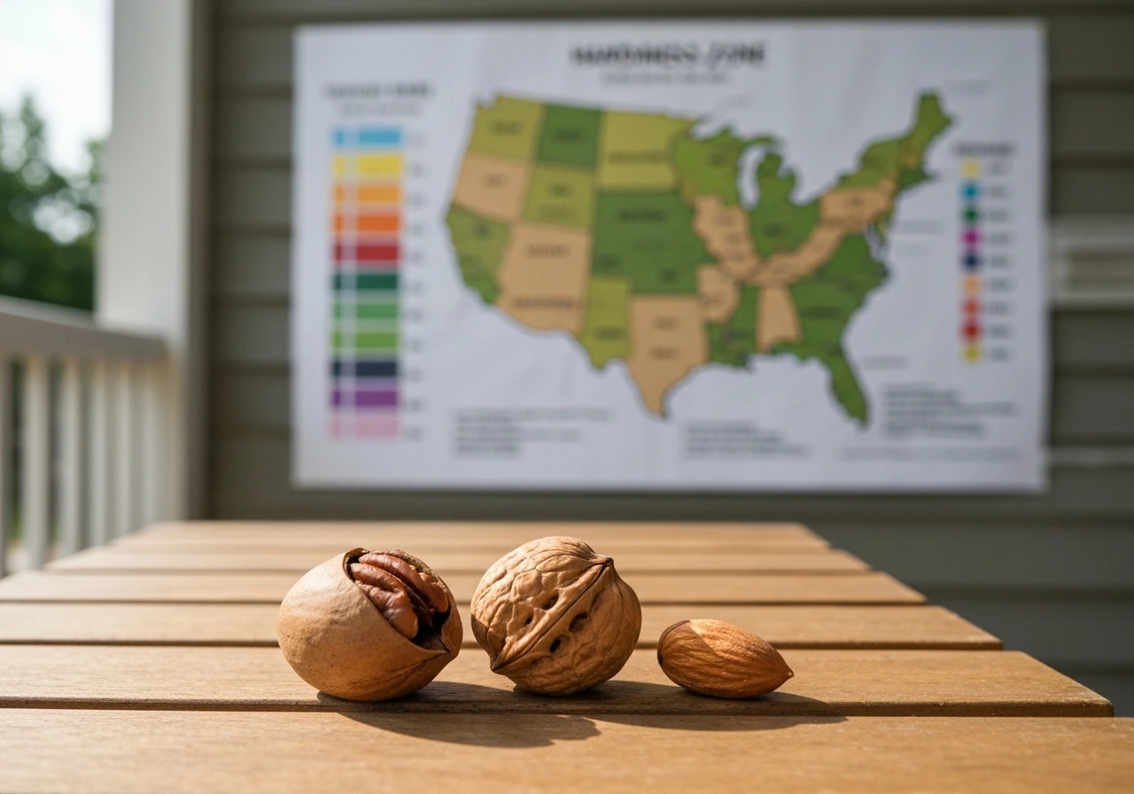 Pecan, walnut, and almond nuts on a table beside a simple blurred U.S. hardiness zone map background