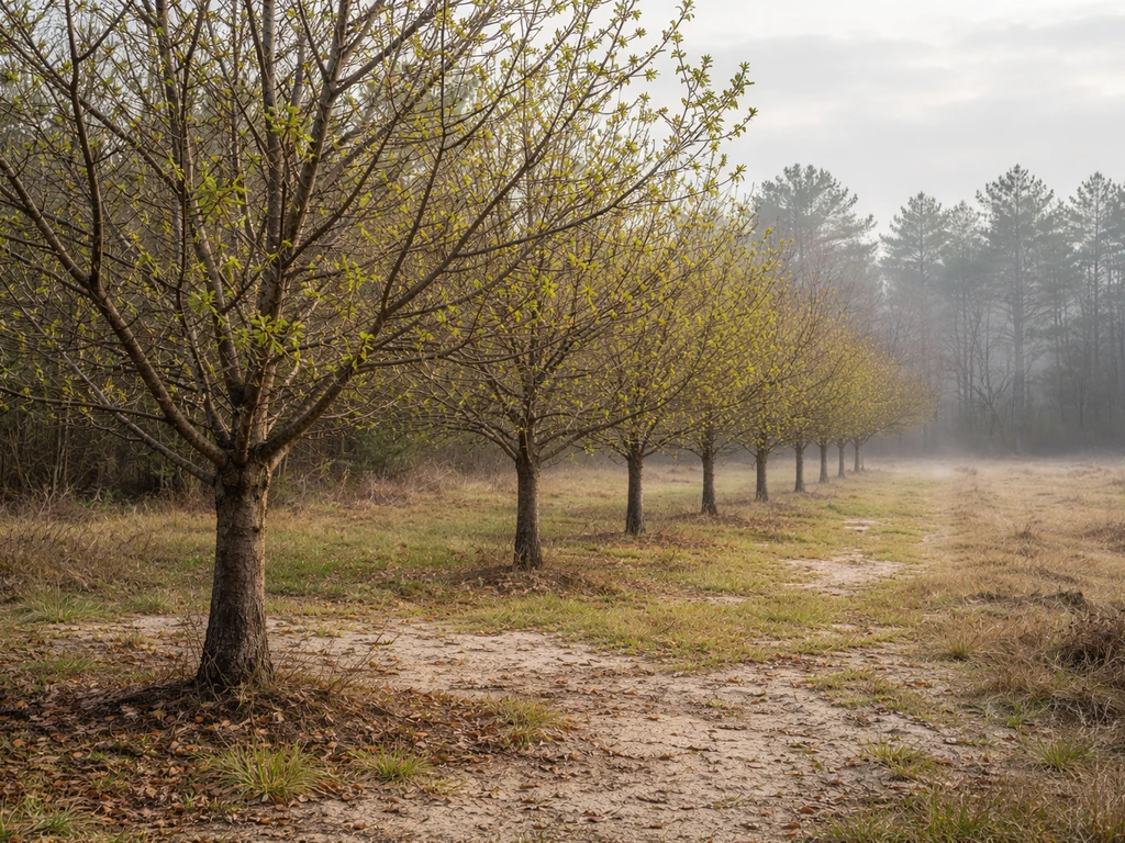 Chestnut tree orchard edge in north Florida, showing winter-to-spring landscape and limited region.