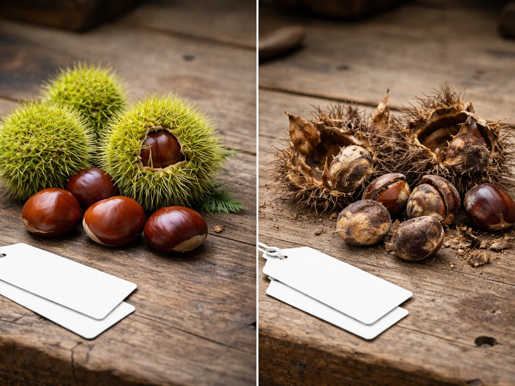 Close-up of two chestnut groups on a bench—healthy burrs and nuts vs dry split shells—without readable labels.