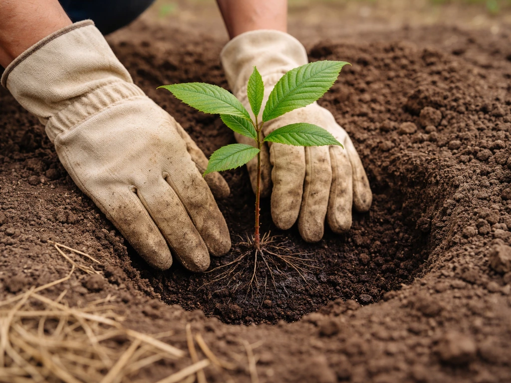 Hands carefully planting a young chestnut sapling in amended soil with mulch around the base.