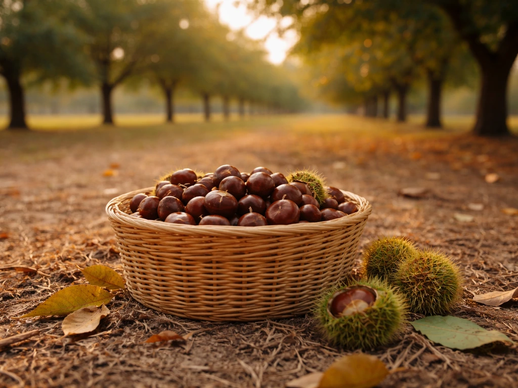 Freshly fallen chestnuts gathered in a container beneath a Florida tree in early fall light