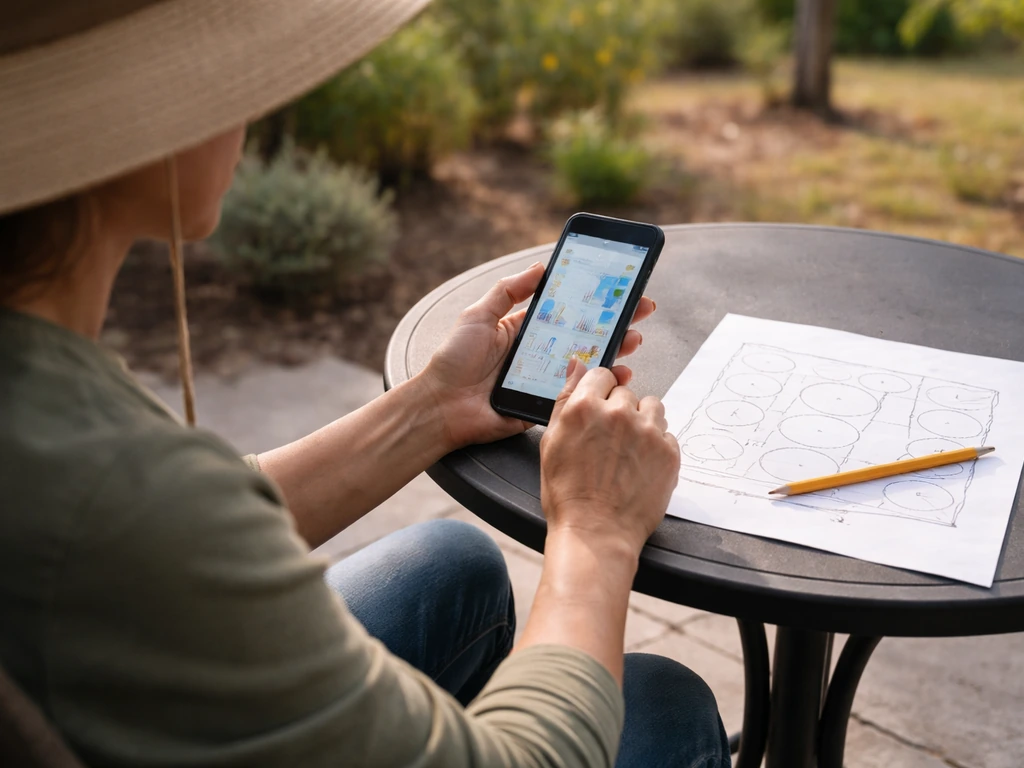 Grower at an outdoor table using a phone to check chill-hour data before planting, with zone notes on paper.