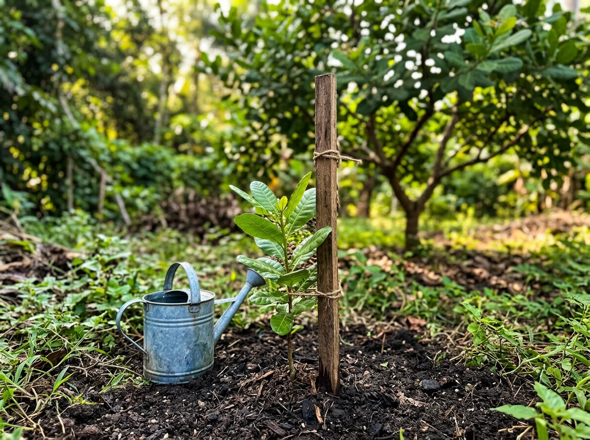 Young cashew sapling in soil, illustrating years to first cashew nuts.