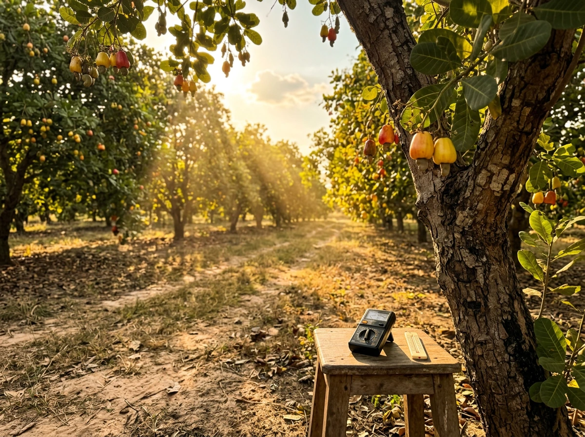Cashew orchard in strong sunlight with a measuring device to estimate timing by location.