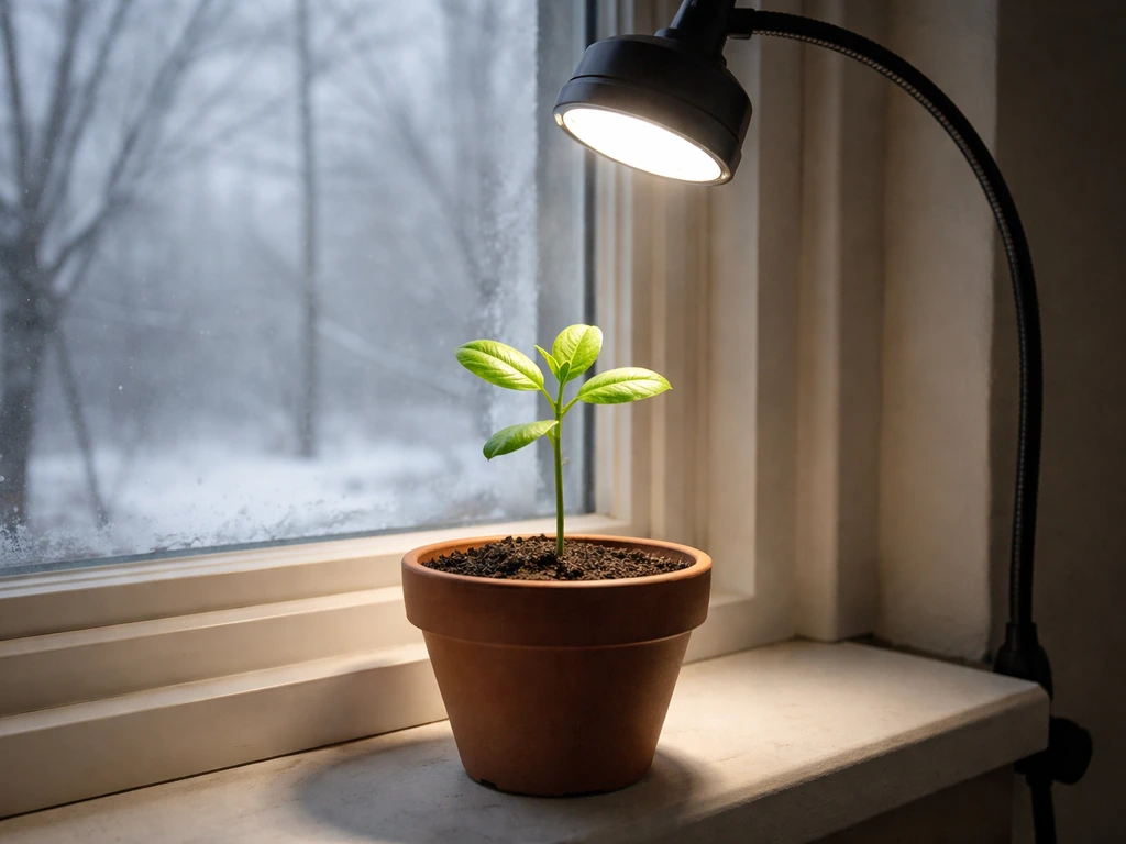 Potted cashew plant under strong indoor light, with a chilly winter window view hinting at Michigan outdoors