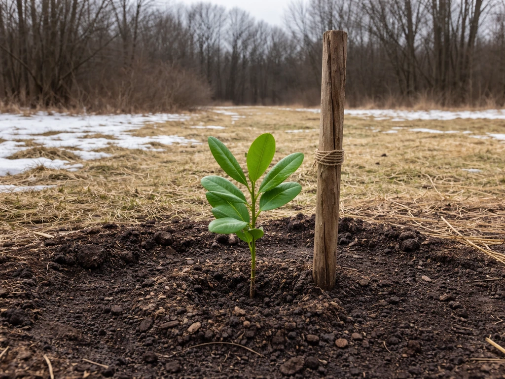 Young cashew sapling in Michigan soil with patchy snow and bare trees, showing cold-frost risk.