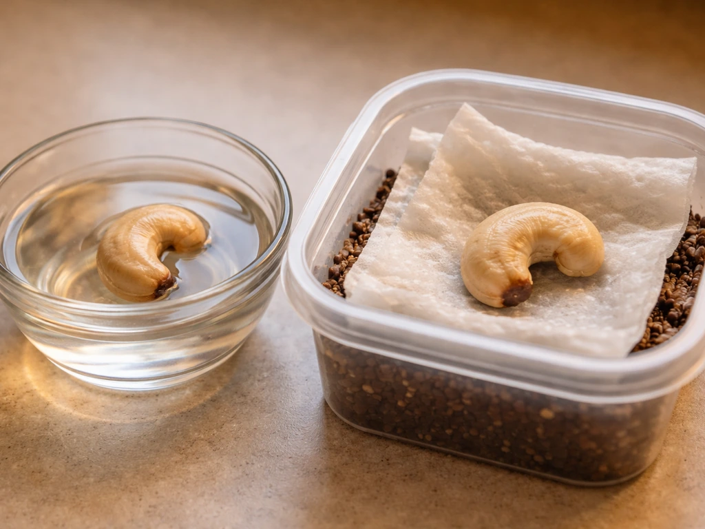 Raw cashew seed soaking, then placed on a moist paper towel for germination in warm conditions.