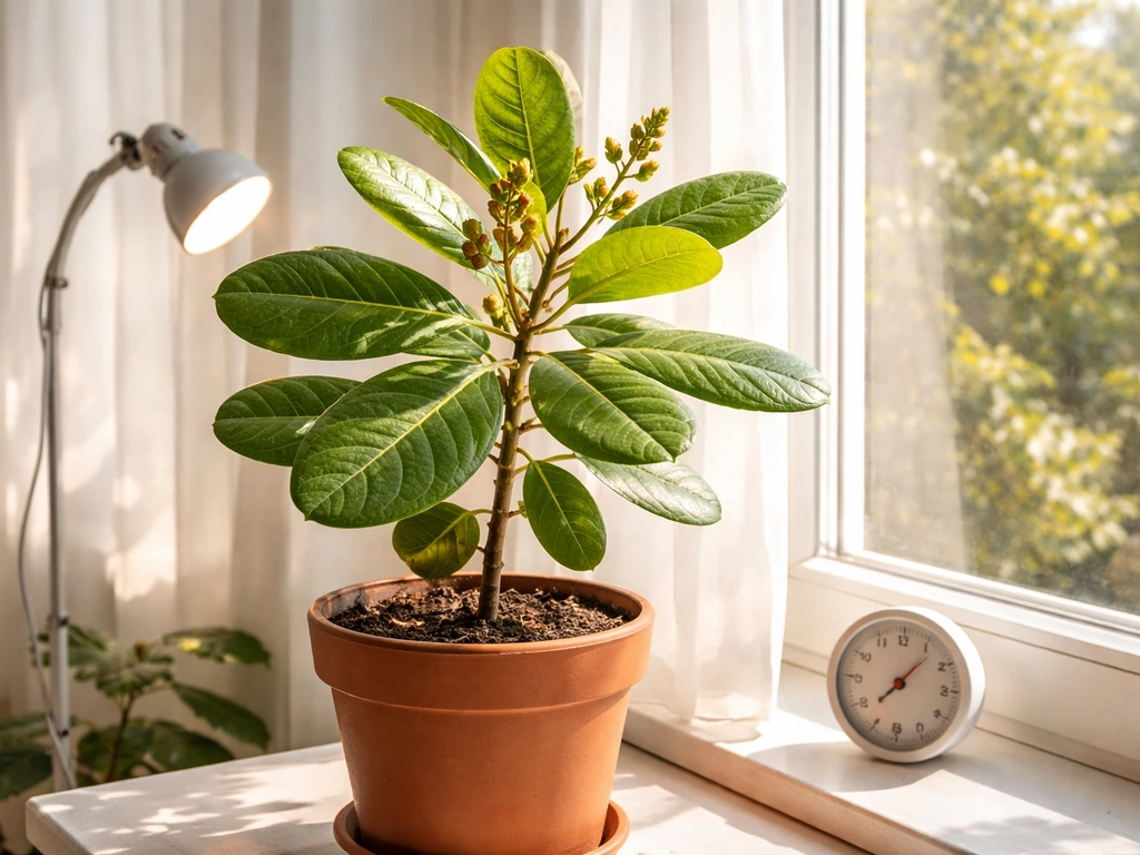 Potted cashew plant near a bright south-facing window with a visible grow light setup in summer light.