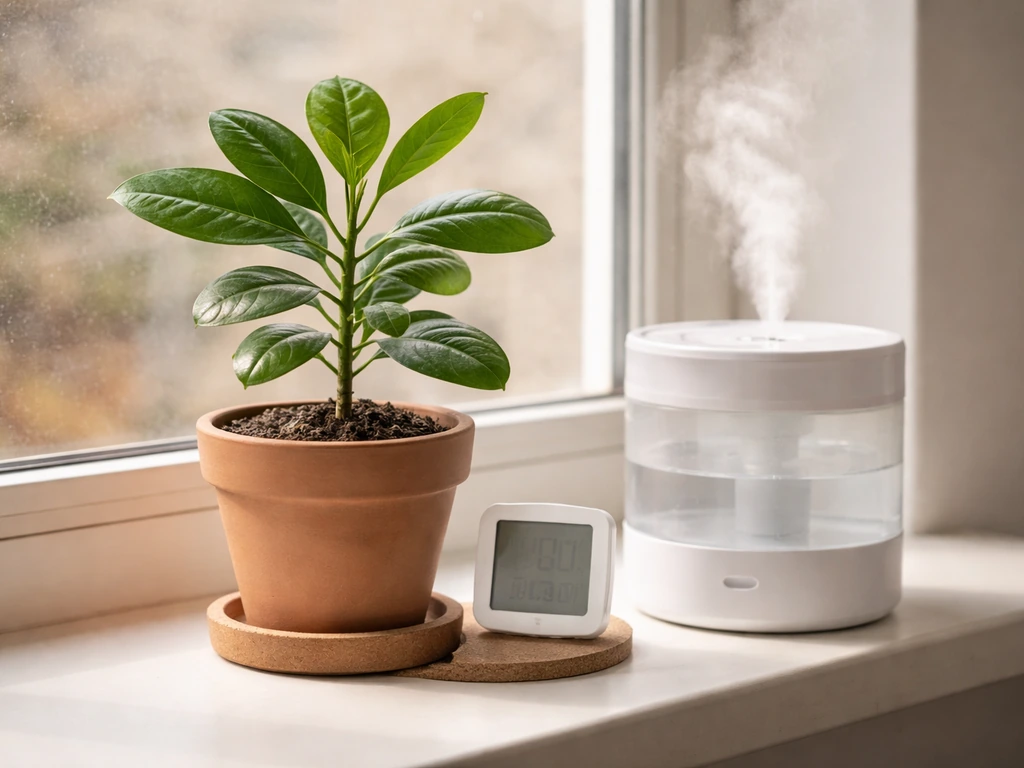 A potted cashew plant by a humidifier and a small hygrometer in a dry winter living room.