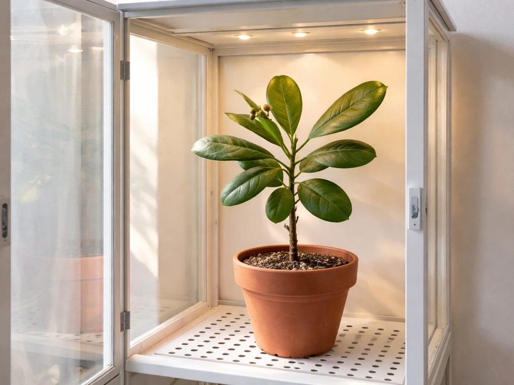 Cashew tree potted indoors in a bright room, staged in a greenhouse cabinet kept warm for Michigan winter
