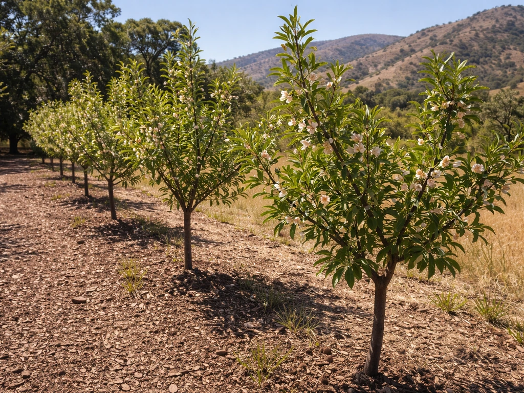 Young almond trees with pale blossoms and early nuts in a sunny Southern California orchard.