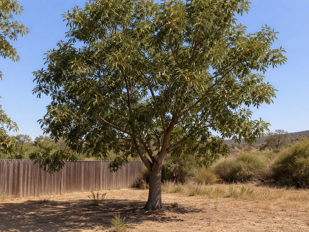 Inland SoCal backyard pecan tree in full sun with visible pecans and dry soil.