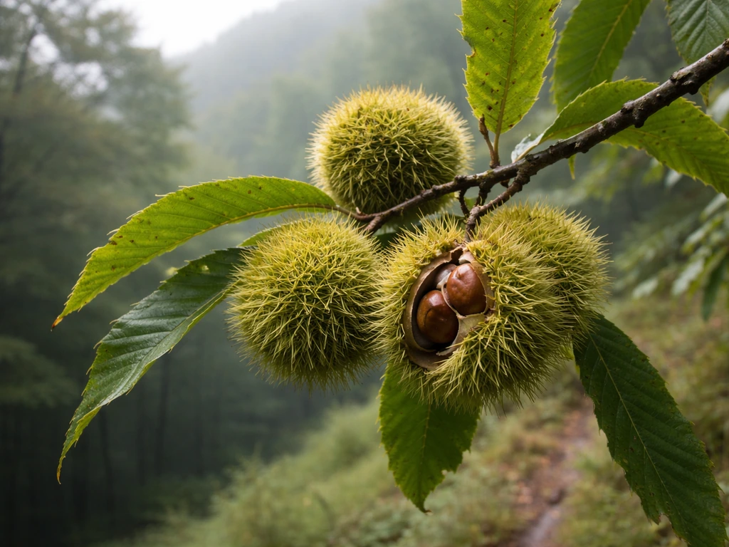 Chestnut branch with spiky burrs and developing chestnuts in a misty foothill forest